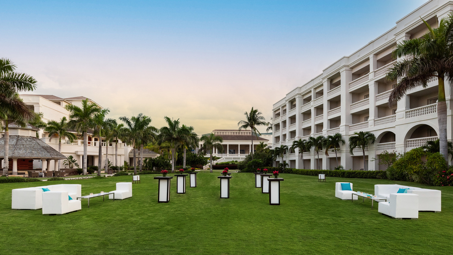 Hyatt Ziva Rose Hall East lawn cocktail set up.