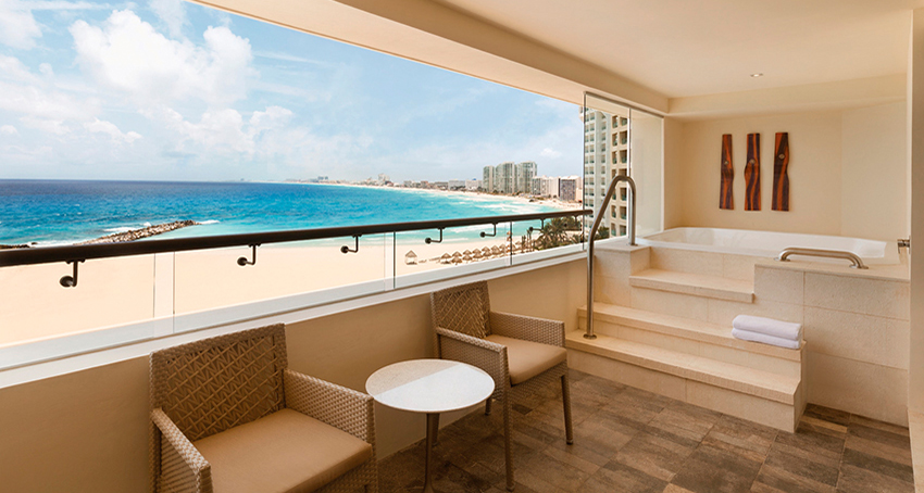 Private balcony overlooking the Caribbean Sea at Hyatt Ziva Cancun