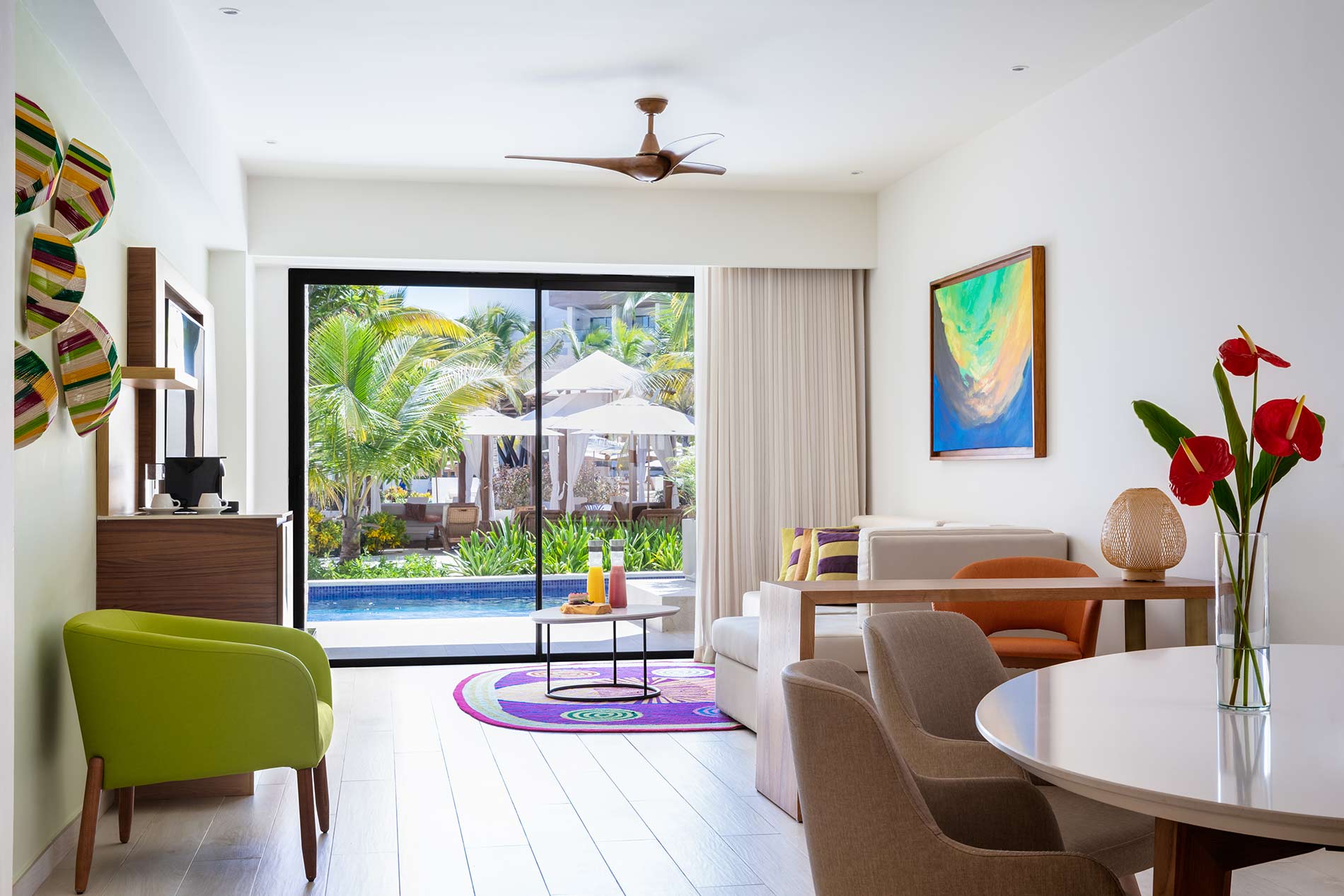 Hyatt Ziva Cap Cana one bedroom master swim up suite living room.